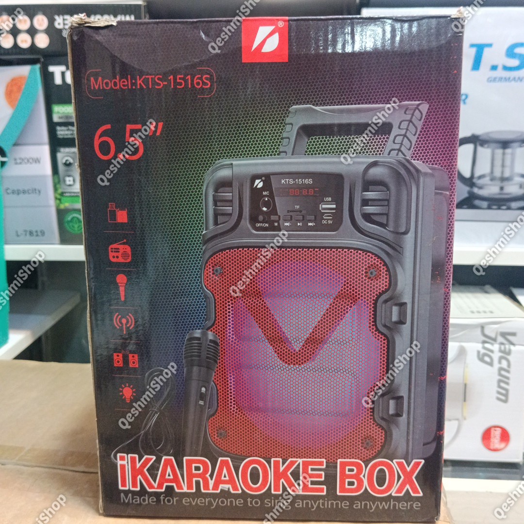 اسپیکر شارژی بلوتوثی کارائوکه مدل KTS-1516S به همراه میکروفون اسپیکر قابل حمل 6.5 اینچ