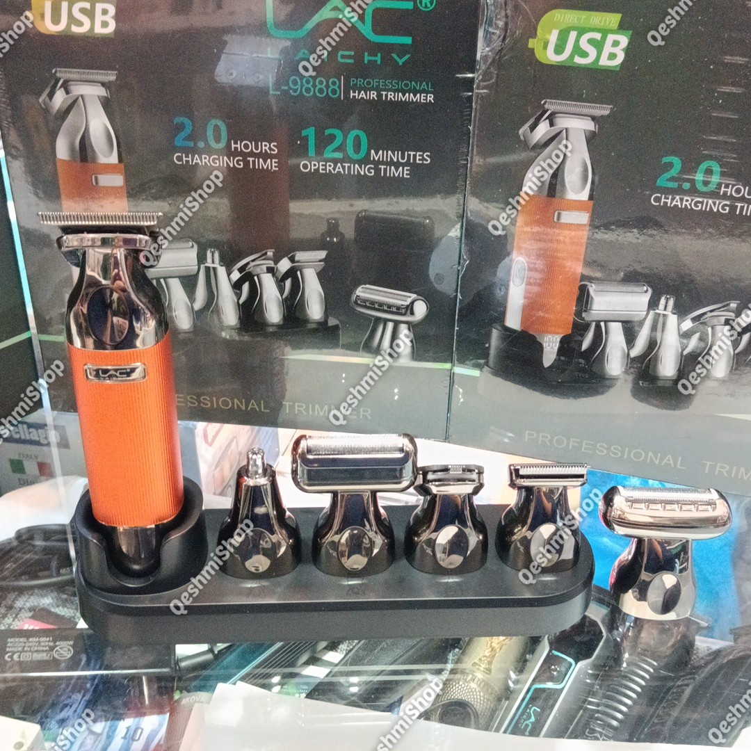 ماشین اصلاح چندکاره لایچی مدل L-9888 با 6 سری مختلف شامل خط زن، شیور، گوش و بینی و اصلاح بدن موجود در فروشگاه قشمی شاپ