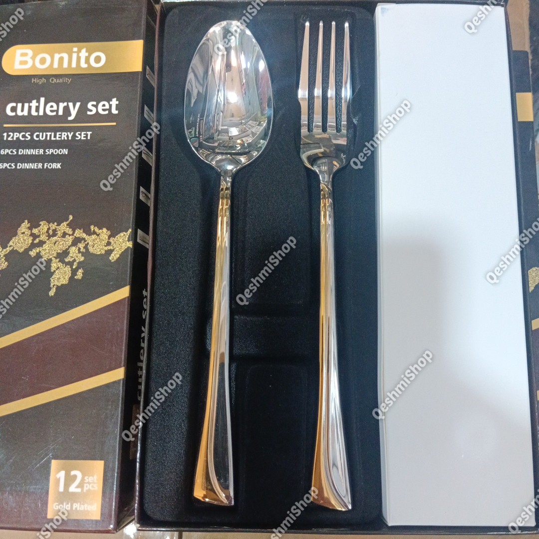 سرویس قاشق و چنگال 12 پارچه 6نفره استیل بونیتو Bonito طرح لوکس دو رنگ طلایی و نقره ای