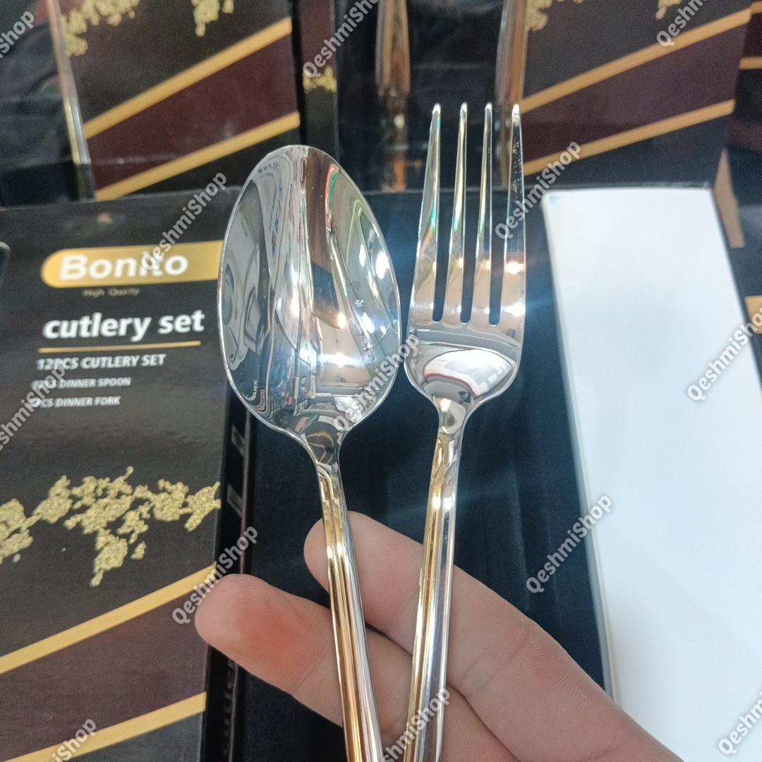 سرویس قاشق و چنگال 12 پارچه 6نفره استیل بونیتو Bonito طرح لوکس دو رنگ طلایی و نقره ای