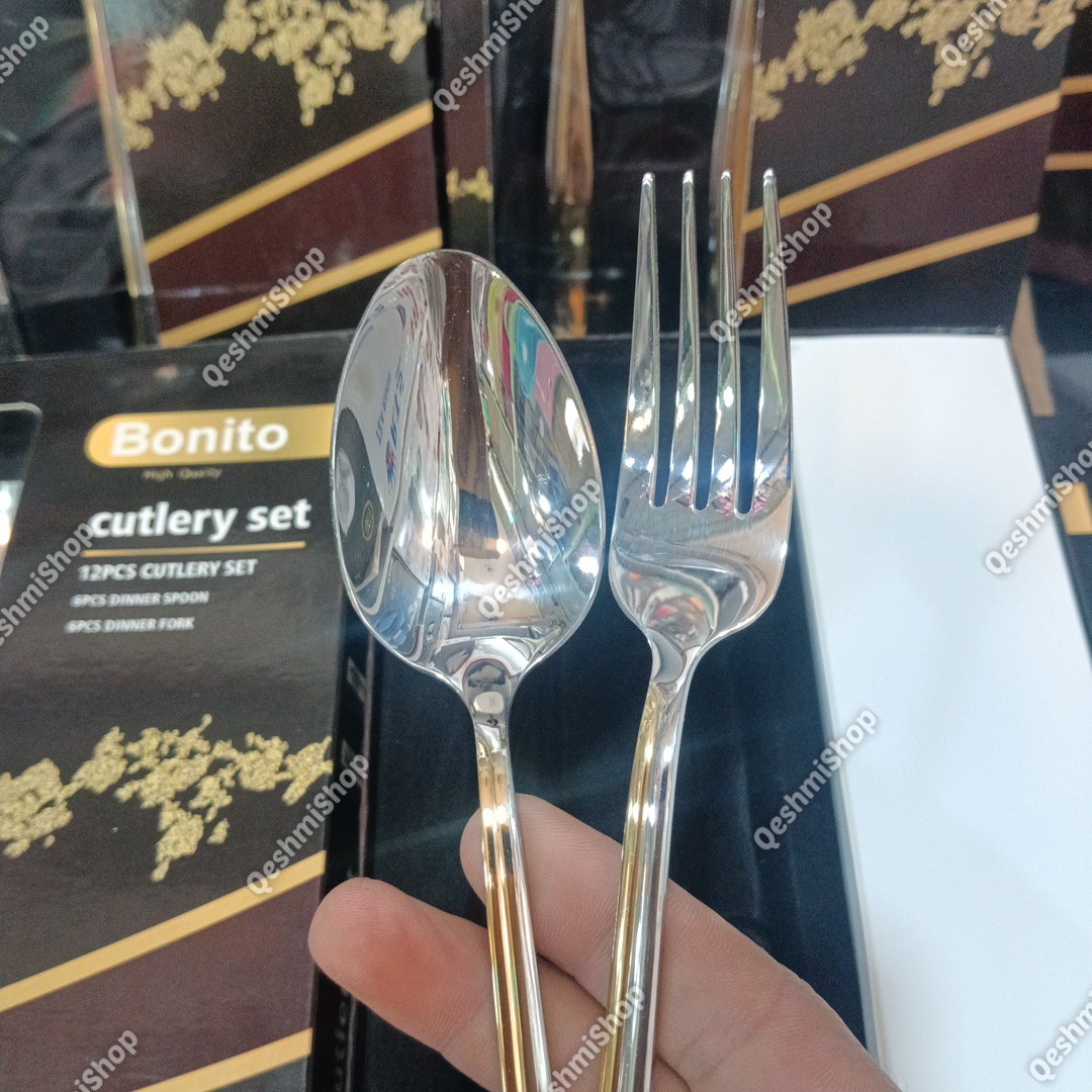 سرویس قاشق و چنگال 12 پارچه 6نفره استیل بونیتو Bonito طرح لوکس دو رنگ طلایی و نقره ای
