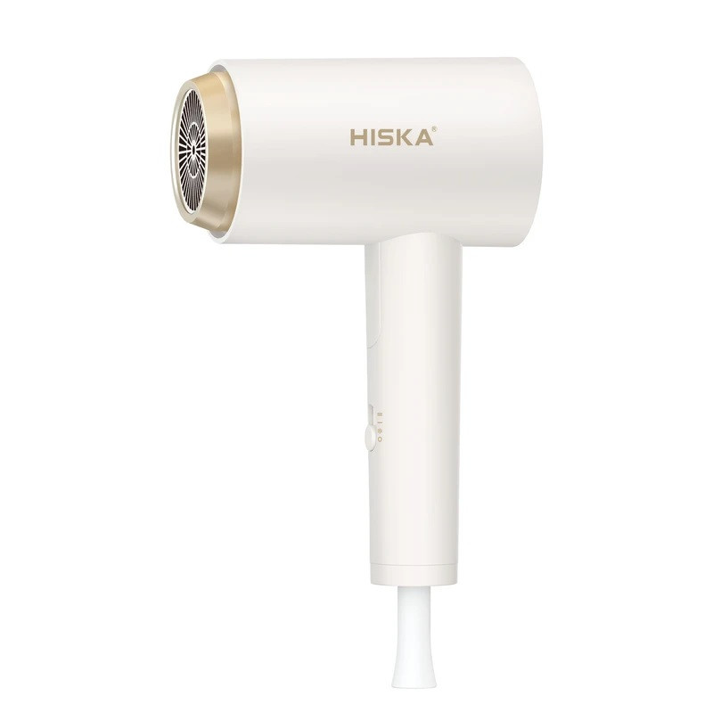 سشوار مسافرتی هیسکا مدل HK-5265-N با توان 1600 وات، موتور DC، تنظیم دما در 3 حالت، تنظیم سرعت در 2 حالت، طراحی تاشو، فیلتر جداشونده و کابل 2 متری