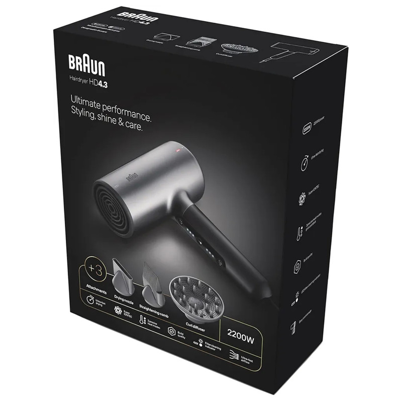 سشوار حرفهای براون مدل HD435 با توان 2200 وات، موتور AC، فناوری یون Super IONTEC، تنظیم دما و سرعت در 3 حالت، شات سرد، فیلتر هوشمند، سری دیسپانسر، سری شانه صافکننده و برس تمیزکننده فیلتر