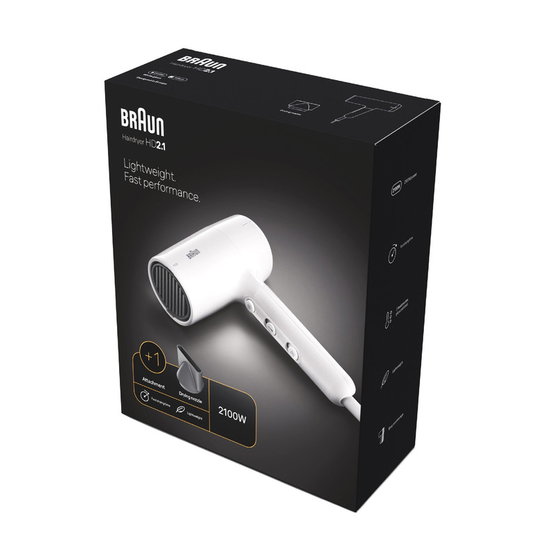 سشوار خانگی براون مدل HD2.1 با توان 2100 وات، موتور DC، فناوری تولید یون، تنظیم دما در سه حالت، تنظیم سرعت در دو حالت، دکمه باد سرد، متمرکزکننده باریک، خشککن سریع و کاهش وز مو