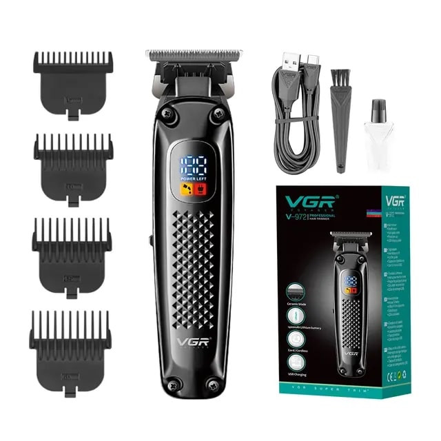 ماشین اصلاح موی سر و صورت وی جی ار مدل V-972 با تیغههای سرامیکی و متالورژیک پودری، قابلیت تنظیم سرعت، طراحی ارگونومیک، منبع انرژی برق و باتری، شارژ USB Type-C، ظرفیت باتری 1400 میلیآمپر ساعت، مدت زمان استفاده 180 دقیقه، همراه با 4 شانه متحرک