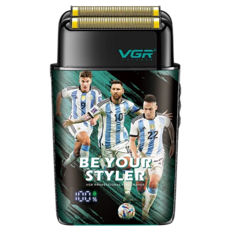 ماشین اصلاح موی صورت شارژی وی جی ار مدل V-309 با تیغه استیل ضدزنگ، طراحی ارگونومیک، باتری 1200 میلیآمپر ساعت، زمان استفاده 120 دقیقه، مقاوم در برابر آب با استاندارد IPX6، همراه با سری یدک، برس تمیزکننده و کابل شارژ USB
