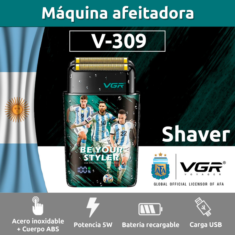 ماشین اصلاح موی صورت شارژی وی جی ار مدل V-309 با تیغه استیل ضدزنگ، طراحی ارگونومیک، باتری 1200 میلیآمپر ساعت، زمان استفاده 120 دقیقه، مقاوم در برابر آب با استاندارد IPX6، همراه با سری یدک، برس تمیزکننده و کابل شارژ USB