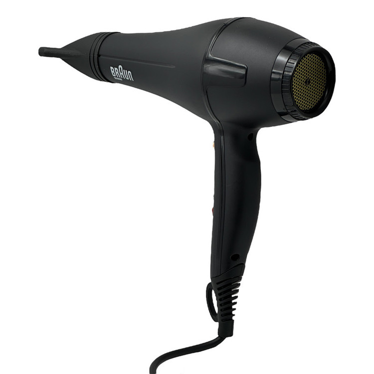سشوار حرفهای 9000 وات براون مدل BR-1009، موتور AC، وزن 650 گرم، المنت فلز، دارای سری متمرکزکننده باریک با ویژگی صافکنندگی، حجمدهندگی، با قابلیت باد سرد، عملکرد توربو، سری قابل تعویض