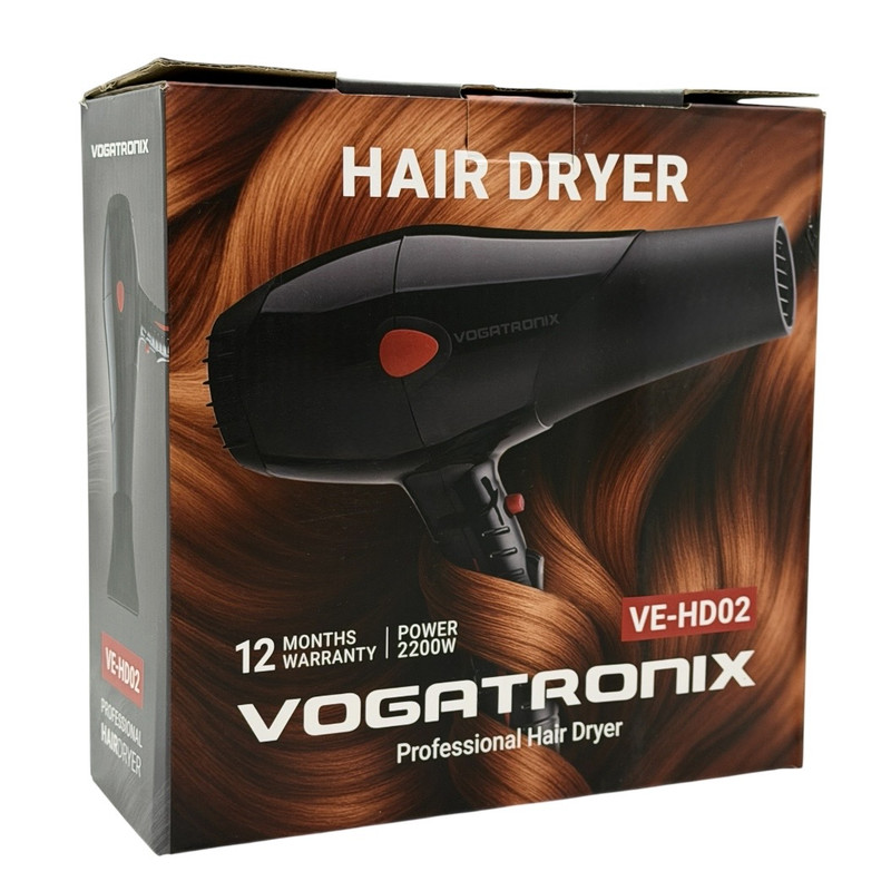 سشوار کلاسیک روزمره وگاترونیکس مدل VE-HD02 با موتور AC، توان 2200 وات، تنظیم دما و سرعت در دو حالت، مناسب برای حالتدهی چتری و همراه با متمرکزکننده باریک