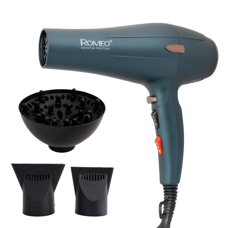 سشوار حرفهای رومئو مدل RM-5080 با موتور AC، توان 2400 وات، دو حالت تنظیم دما، دو سرعت، دکمه باد سرد، همراه با دیفیوزر و دو سری متمرکزکننده، مناسب استفاده خانگی و آرایشگاهی