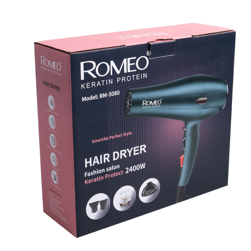 سشوار حرفهای رومئو مدل RM-5080 با موتور AC، توان 2400 وات، دو حالت تنظیم دما، دو سرعت، دکمه باد سرد، همراه با دیفیوزر و دو سری متمرکزکننده، مناسب استفاده خانگی و آرایشگاهی