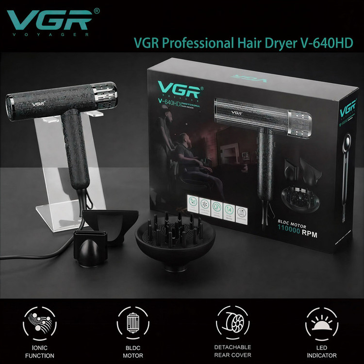 سشوار حرفهای وی جی ار مدل V-640HD با توان 1900 وات، موتور BLDC، تنظیمات دما در چهار حالت، تنظیم سرعت در سه حالت، خشککنندگی قوی، صافکنندگی، حجمدهندگی، پخش یکنواخت گرما، همراه با دیسپانسر و متمرکزکننده باریک و پهن