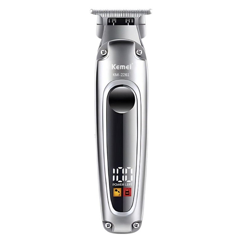 ماشین اصلاح موی سر و صورت کیمی مدل KM-2261 با تیغه استیل ضدزنگ، موتور 6600 دور در دقیقه، باتری لیتیوم یون، شارژ سریع USB Type-C، نمایشگر دیجیتال LCD، چهار عدد شانه قابلتنظیم، همراه با روغن و برس تمیزکننده