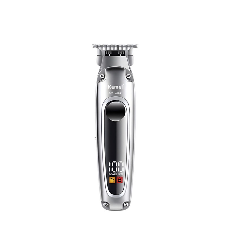 ماشین اصلاح موی سر و صورت کیمی مدل KM-2261 با تیغه استیل ضدزنگ، موتور 6600 دور در دقیقه، باتری لیتیوم یون، شارژ سریع USB Type-C، نمایشگر دیجیتال LCD، چهار عدد شانه قابلتنظیم، همراه با روغن و برس تمیزکننده