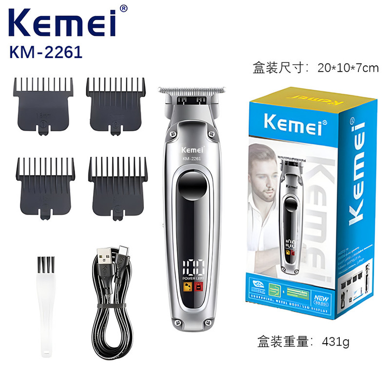 ماشین اصلاح موی سر و صورت کیمی مدل KM-2261 با تیغه استیل ضدزنگ، موتور 6600 دور در دقیقه، باتری لیتیوم یون، شارژ سریع USB Type-C، نمایشگر دیجیتال LCD، چهار عدد شانه قابلتنظیم، همراه با روغن و برس تمیزکننده