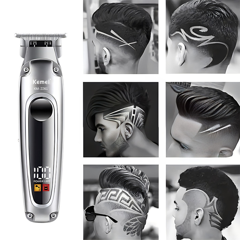 ماشین اصلاح موی سر و صورت کیمی مدل KM-2261 با تیغه استیل ضدزنگ، موتور 6600 دور در دقیقه، باتری لیتیوم یون، شارژ سریع USB Type-C، نمایشگر دیجیتال LCD، چهار عدد شانه قابلتنظیم، همراه با روغن و برس تمیزکننده