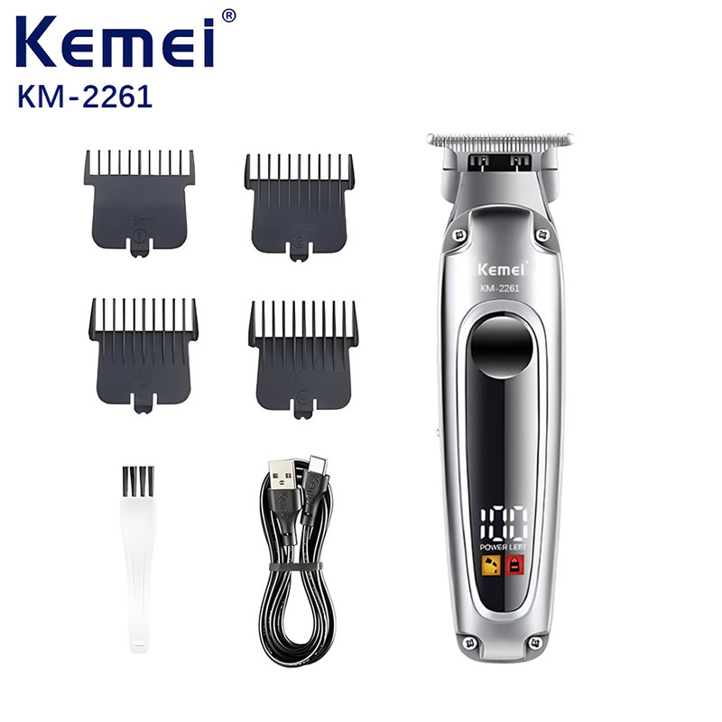 ماشین اصلاح موی سر و صورت کیمی مدل KM-2261 با تیغه استیل ضدزنگ، موتور 6600 دور در دقیقه، باتری لیتیوم یون، شارژ سریع USB Type-C، نمایشگر دیجیتال LCD، چهار عدد شانه قابلتنظیم، همراه با روغن و برس تمیزکننده