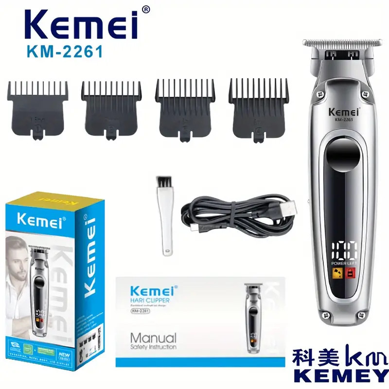 ماشین اصلاح موی سر و صورت کیمی مدل KM-2261 با تیغه استیل ضدزنگ، موتور 6600 دور در دقیقه، باتری لیتیوم یون، شارژ سریع USB Type-C، نمایشگر دیجیتال LCD، چهار عدد شانه قابلتنظیم، همراه با روغن و برس تمیزکننده