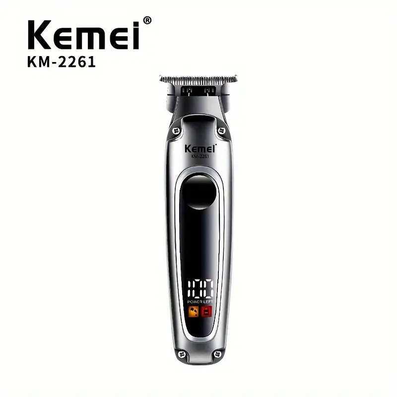 ماشین اصلاح موی سر و صورت کیمی مدل KM-2261 با تیغه استیل ضدزنگ، موتور 6600 دور در دقیقه، باتری لیتیوم یون، شارژ سریع USB Type-C، نمایشگر دیجیتال LCD، چهار عدد شانه قابلتنظیم، همراه با روغن و برس تمیزکننده