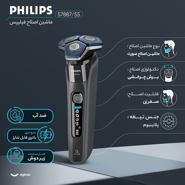 ماشین اصلاح موی صورت فیلیپس مدل S7887 55 با سه تیغه پلاتینیوم، اصلاح چرخشی با شماره صفر، باتری 1500mAh، شارژ سریع 5 د...