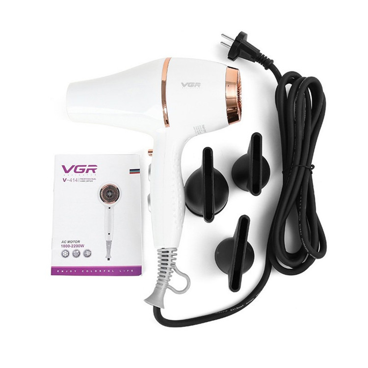 سشوار حرفه ای 2200 وات وی جی ار مدل V-414، موتور AC، وزن 802 گرم، المنت سرامیک تورمالین، دارای سری متمرکز کننده باریک...