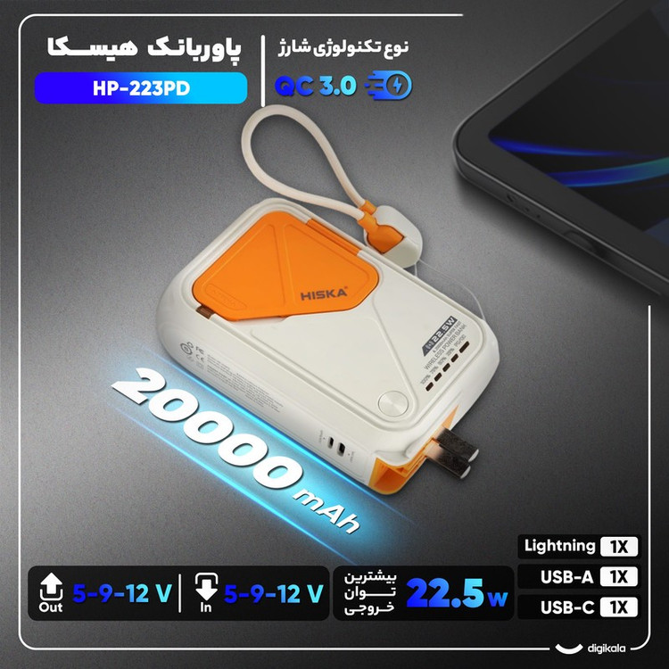 پاوربانک بی سیم 22.5 وات هیسکا مدل HP-223PD ظرفیت 20000 میلی آمپر ساعت