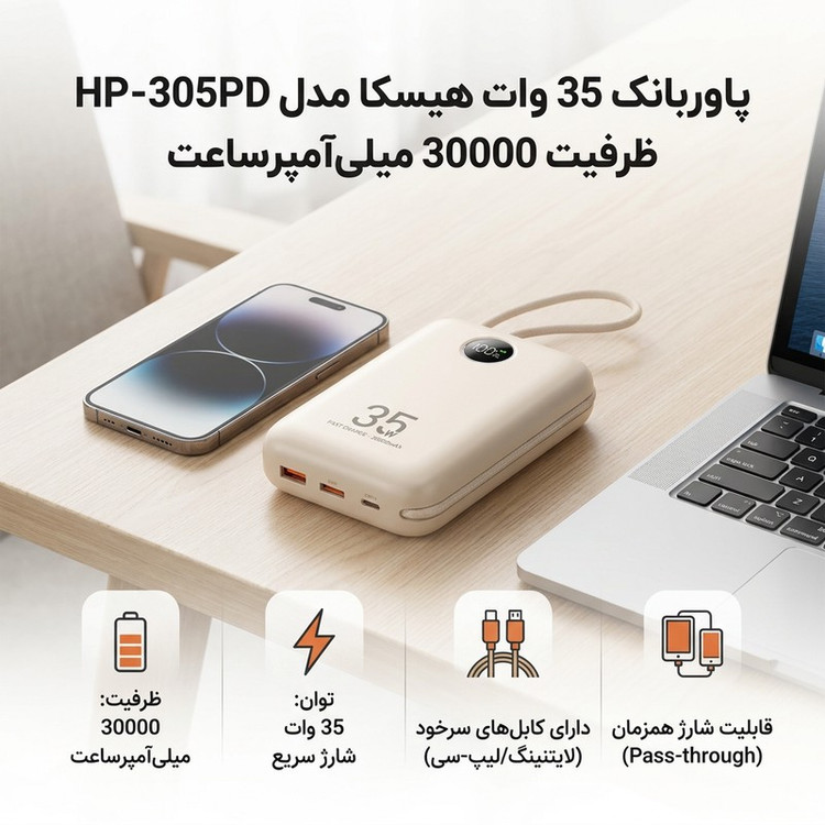 پاوربانک 35 وات هیسکا مدل HP-305PD ظرفیت 30000 میلی آمپرساعت