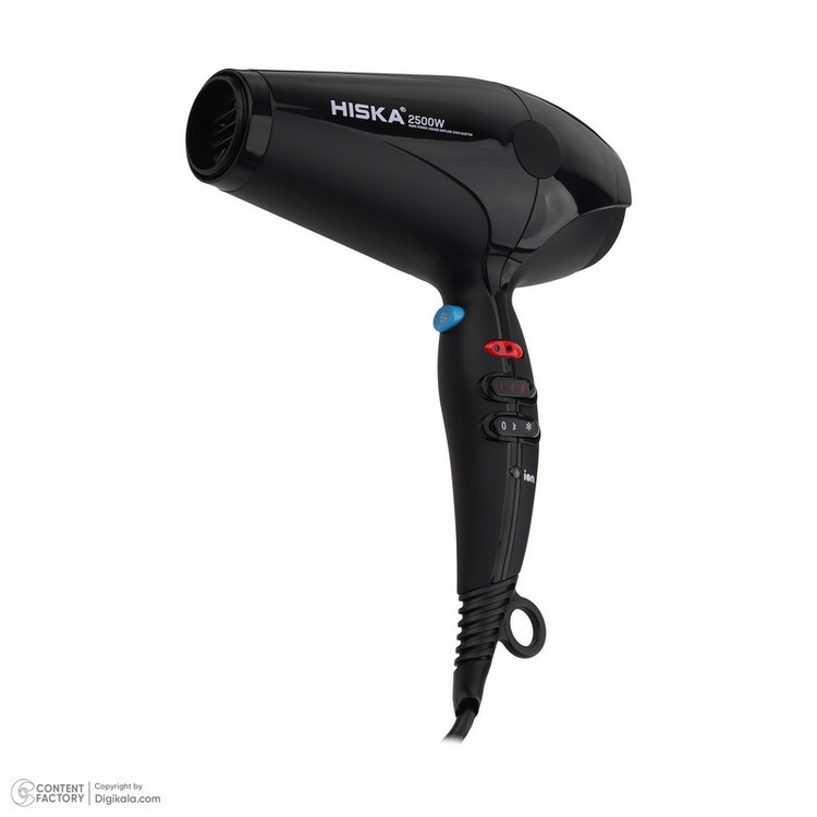 سشوار حرفه ای هیسکا مدل H5261 با موتور AC پرقدرت 2500 وات، فناوری تولید یون، دکمه باد سرد، تنظیم دما در چهار حالت، کن...