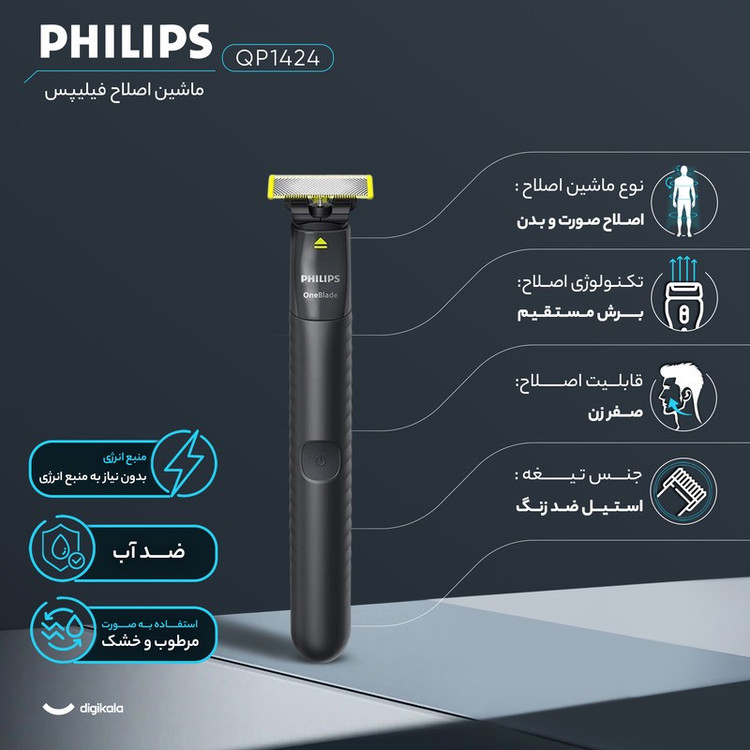 ماشین اصلاح موی صورت شارژی فیلیپس مدل QP1424 با تیغه استیل ضدزنگ، قابلیت اصلاح با شماره صفر، طراحی ارگونومیک و مقاوم ...