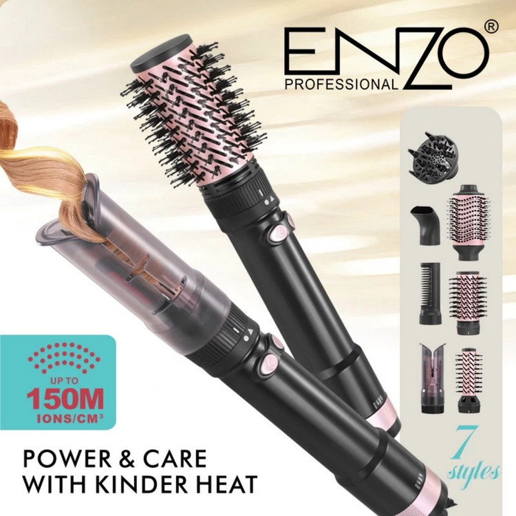 سشوار برس دار چرخشی انزو پروفیشینال مدل EN-760 7in1 با توان 1500 وات، موتور DC براشلس، تنظیمات دما و سرعت دو حالته، ت...