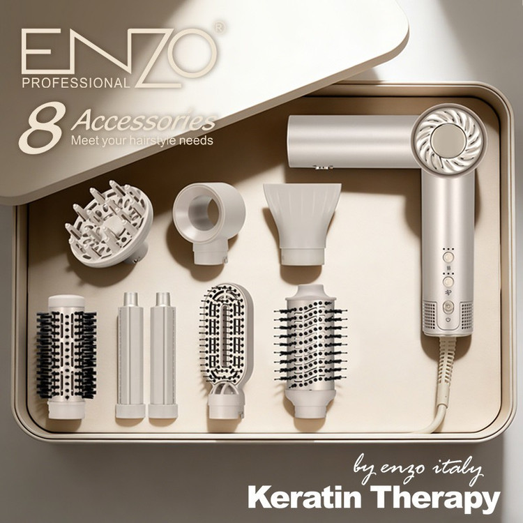 سشوار حرفه ای برس دار انزو پروفیشینال مدل EN-6208 با توان 1500 وات، موتور BLDC، تنظیم دما و سرعت سه حالته، 8 سری متنو...