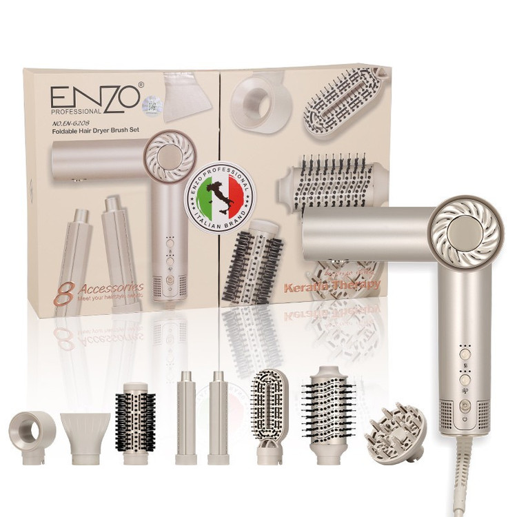سشوار حرفه ای برس دار انزو پروفیشینال مدل EN-6208 با توان 1500 وات، موتور BLDC، تنظیم دما و سرعت سه حالته، 8 سری متنو...
