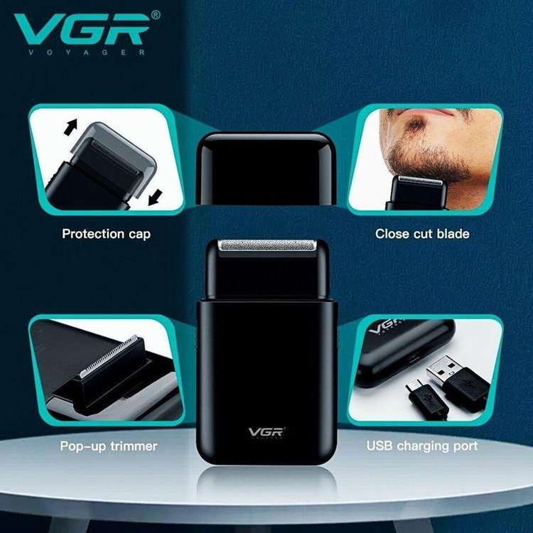 ماشین اصلاح موی صورت وی جی آر مدل V-390 با تیغه استیل ضد زنگ، تکنولوژی شیو فویلی، باتری قابل شارژ با 45 دقیقه زمان اس...