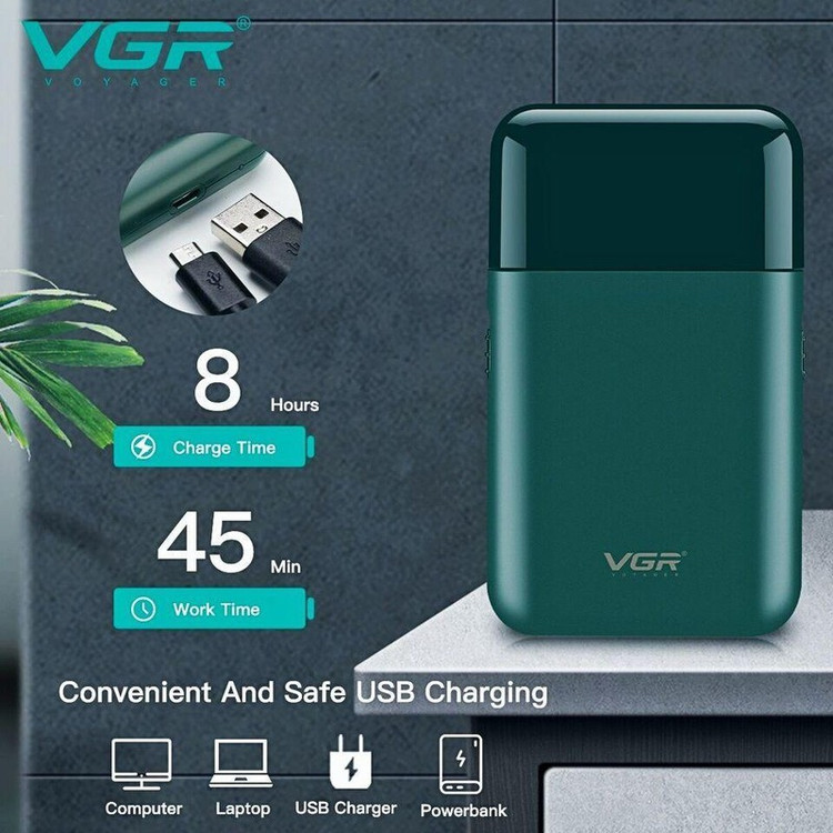 ماشین اصلاح موی صورت وی جی آر مدل V-390 با تیغه استیل ضد زنگ، تکنولوژی شیو فویلی، باتری قابل شارژ با 45 دقیقه زمان اس...