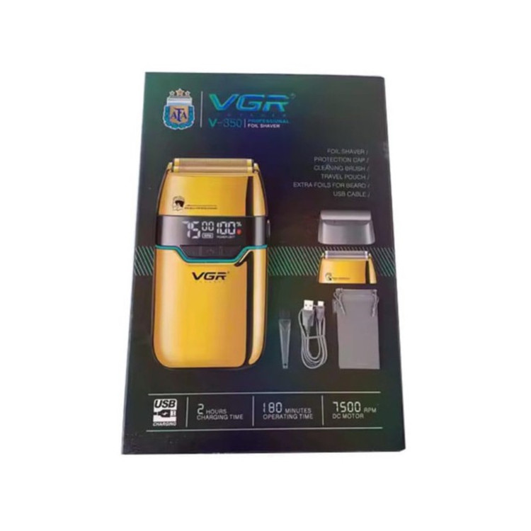 ماشین اصلاح موی صورت شارژی وی جی ار مدل V-350 با تیغه تیتانیوم، اصلاح صفر میلی متر، باتری لیتیومی 1200 میلی آمپر، نما...