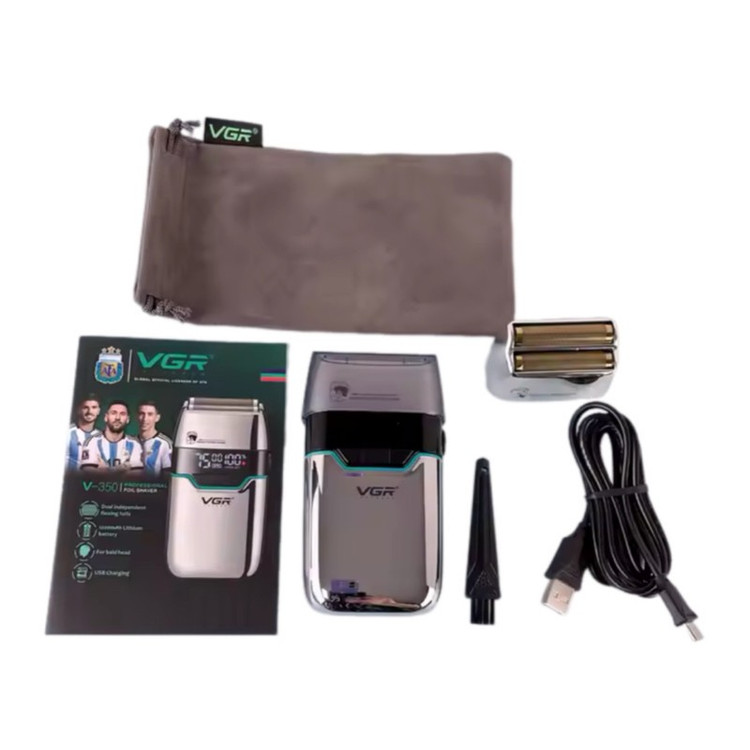 ماشین اصلاح موی صورت شارژی وی جی ار مدل V-350 با تیغه تیتانیوم، اصلاح صفر میلی متر، باتری لیتیومی 1200 میلی آمپر، نما...