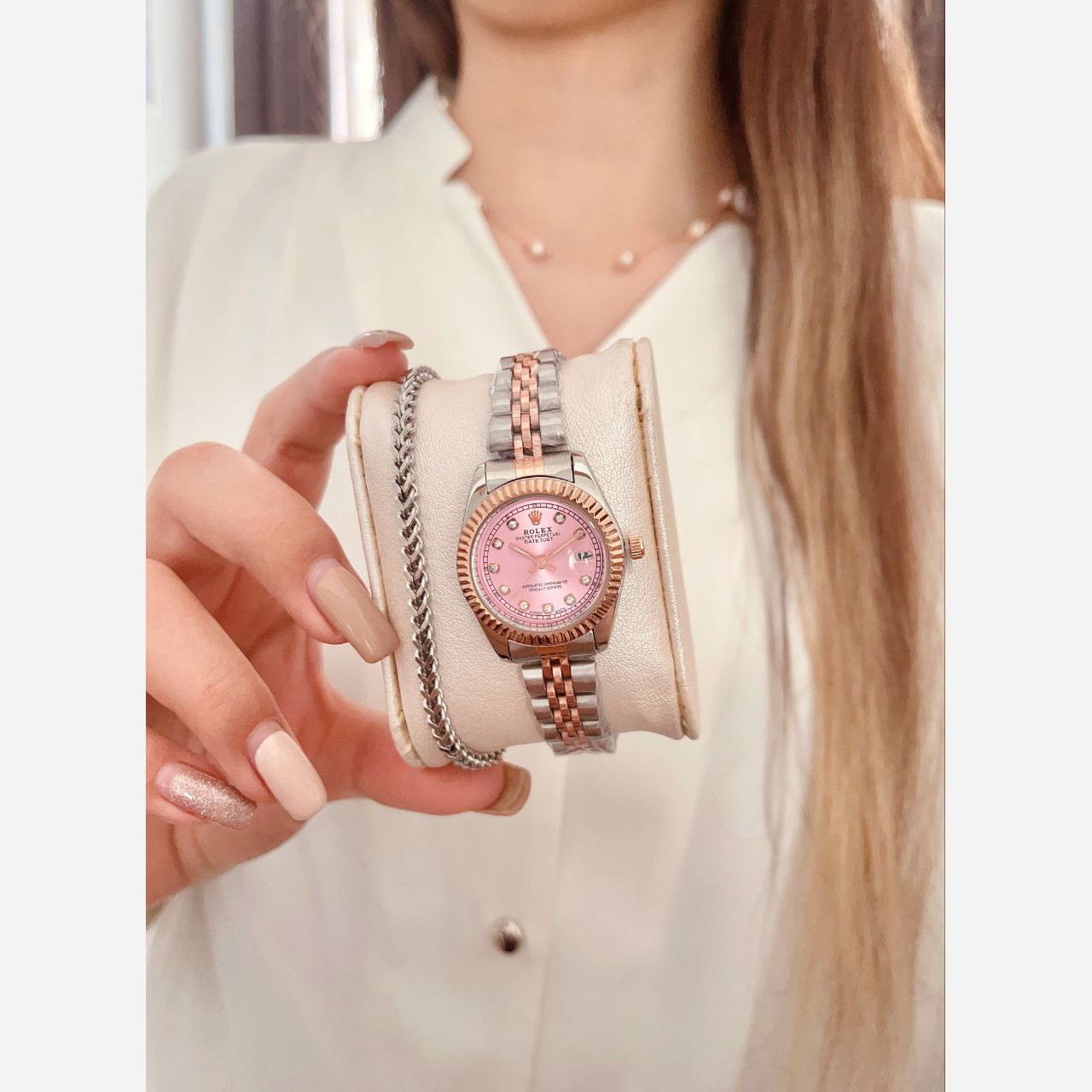 ساعت مچی زنانه رولکس دیت جاست دارای روزشمار کیفیت عالی باتری اضافی