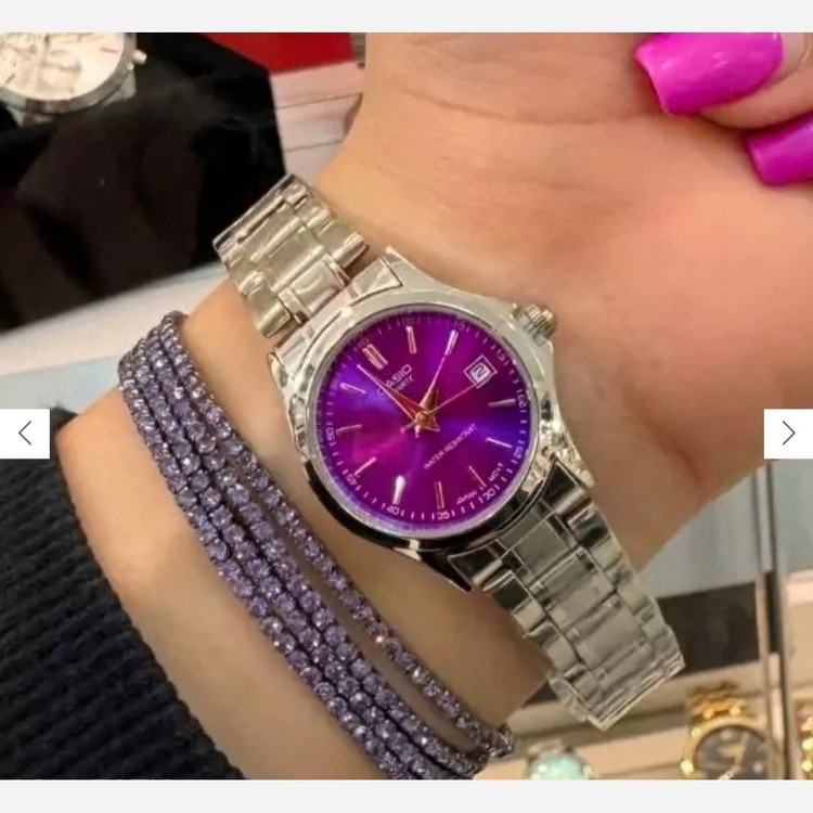 ساعت زنانه casio(کاسیو) اصل ، عقربه ای صحفه گرد رنگ بندی کامل و بند استیل نقره ای ضد آب کد 0002