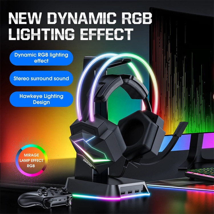 هدست گیمینگ برند اونیکوما مدل X20 با نویز کنسلینگ میکروفون، درگاه شارژ USB، دارای نورپردازی RGB، طراحی ارگونومیک و پد...