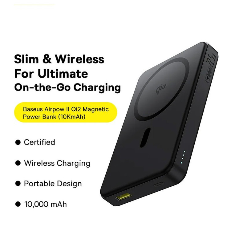 پاوربانک بی سیم 22.5 وات بیسوس مدل Airpow Qi2 Magnetic ظرفیت 10000 میلی آمپر ساعت