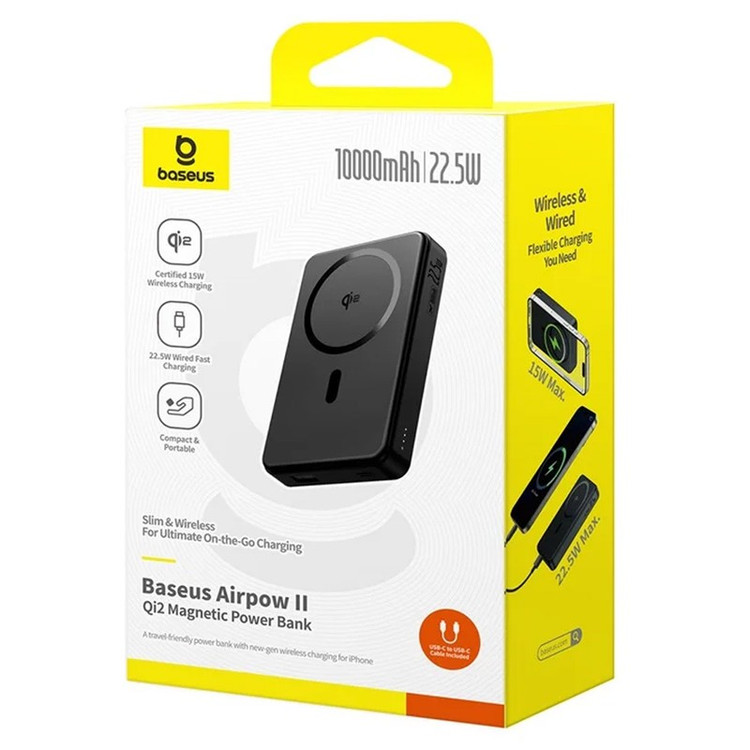 پاوربانک بی سیم 22.5 وات بیسوس مدل Airpow Qi2 Magnetic ظرفیت 10000 میلی آمپر ساعت