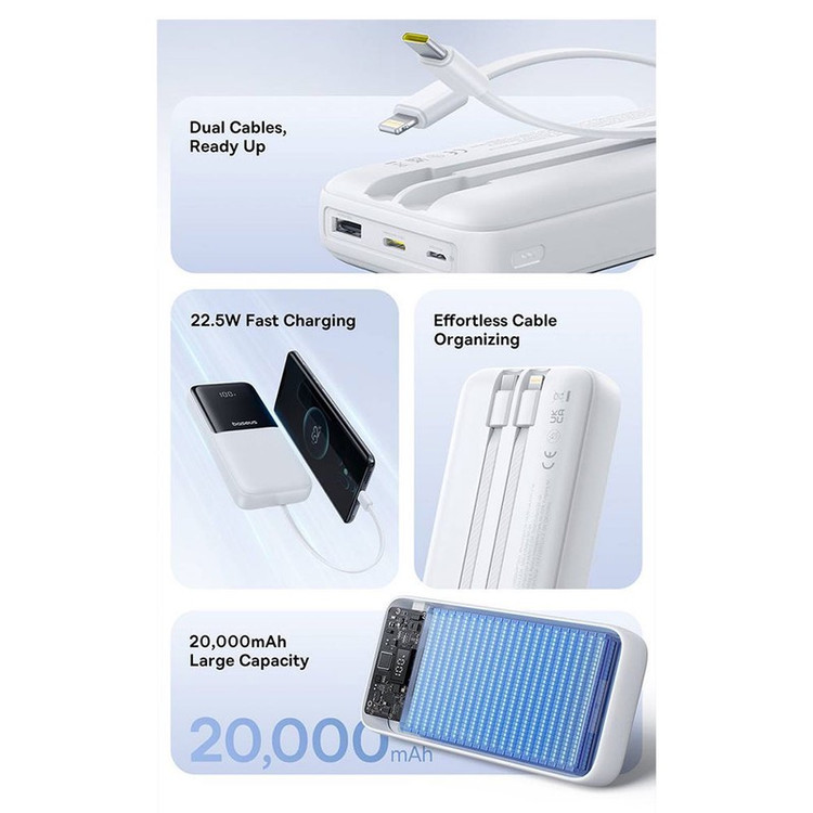 پاوربانک 22 وات بیسوس مدل LIPOW Dual ظرفیت 20000 میلی آمپرساعت به همراه کابل USB-C و لایتنینگ