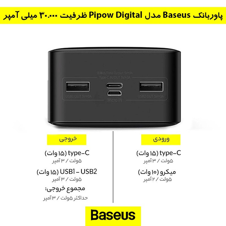 پاوربانک بیسوس مدل Bipow Digital ظرفیت 30000 میلی آمپر ساعت
