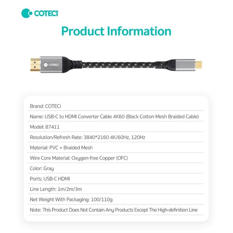 کابل تبدیل HDMI به USB-C کوتسی مدل 87411 طول 2 متر