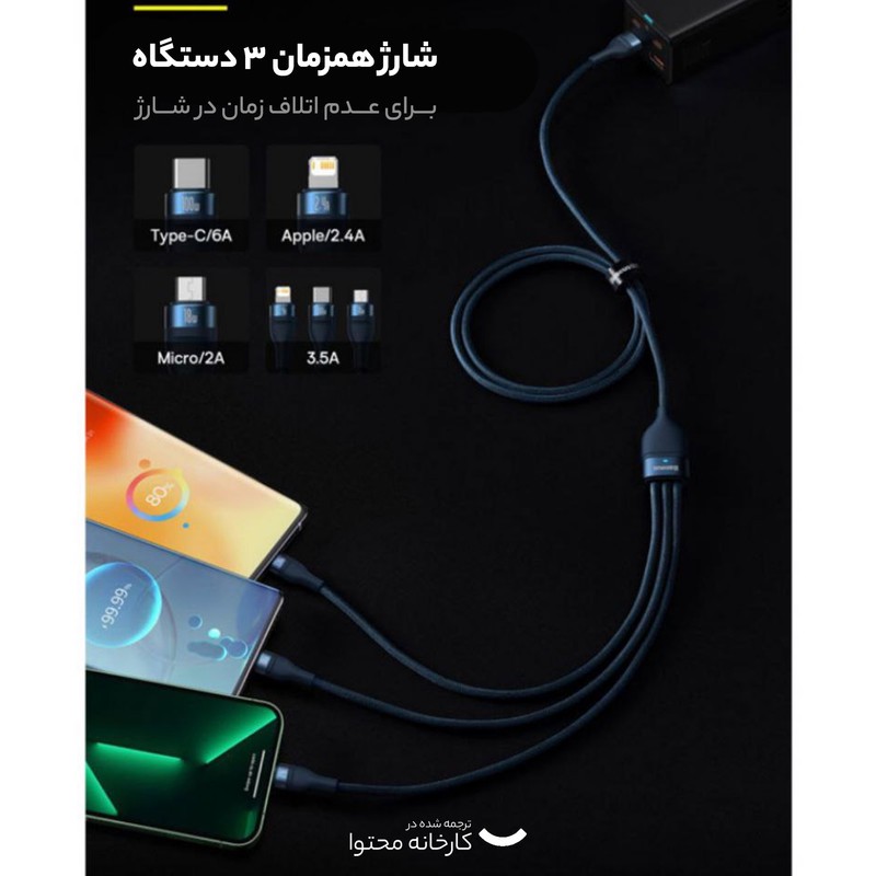 کابل تبدیل USB به USB-C microUSB لایتنینگ باسئوس مدل Flash Series 100W طول 1.2 متر