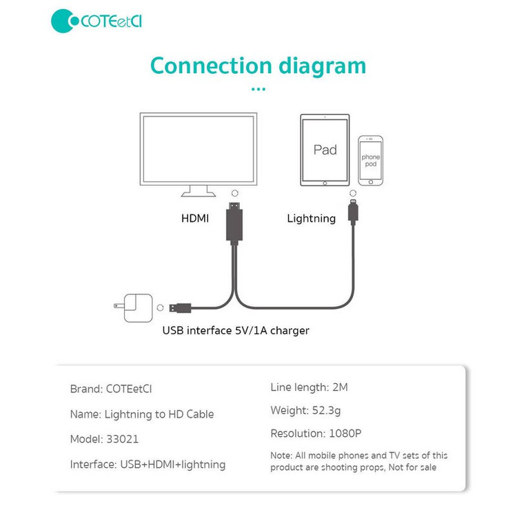 کابل تبدیل HDMI به لایتنینگ USB کوتتسی مدل 33021 طول 2 متر