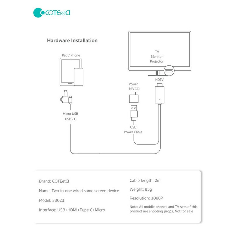 کابل تبدیل HDMI به USB-C MicroUSB کوتتسی مدل 33023 طول 2 متر