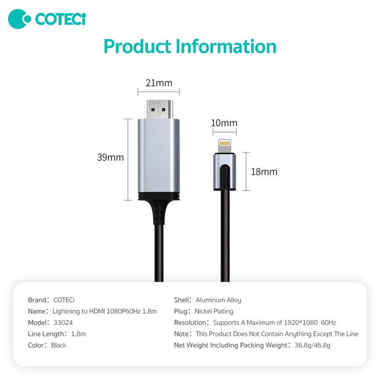 کابل تبدیل لایتنینگ به HDMI کوتسی مدل 33024 طول 1.8 متر