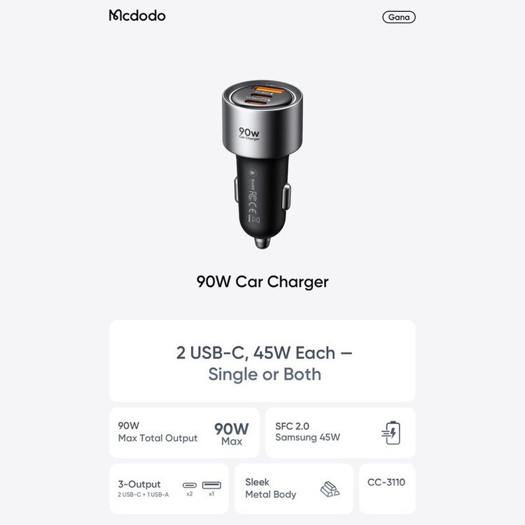 شارژر فندکی 90 وات 3 پورت مک دودو مدل CC-311