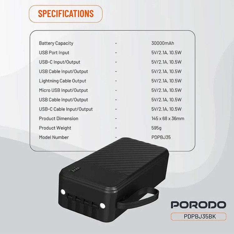 پاوربانک 10.5 وات پرودو مدل Piano-PDPBJ35BK ظرفیت 30000 میلی آمپرساعت